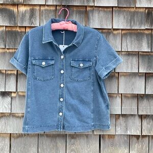 Jane & Delancey Denim Knit Short Sleeve Button-Up Shirt